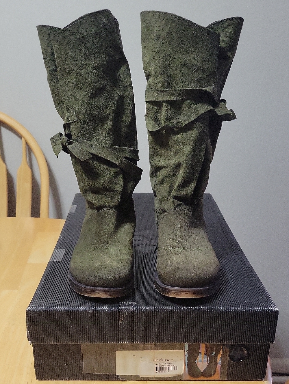 Olive Suede Mid-Calf Heeled Boots with Wrap Detail